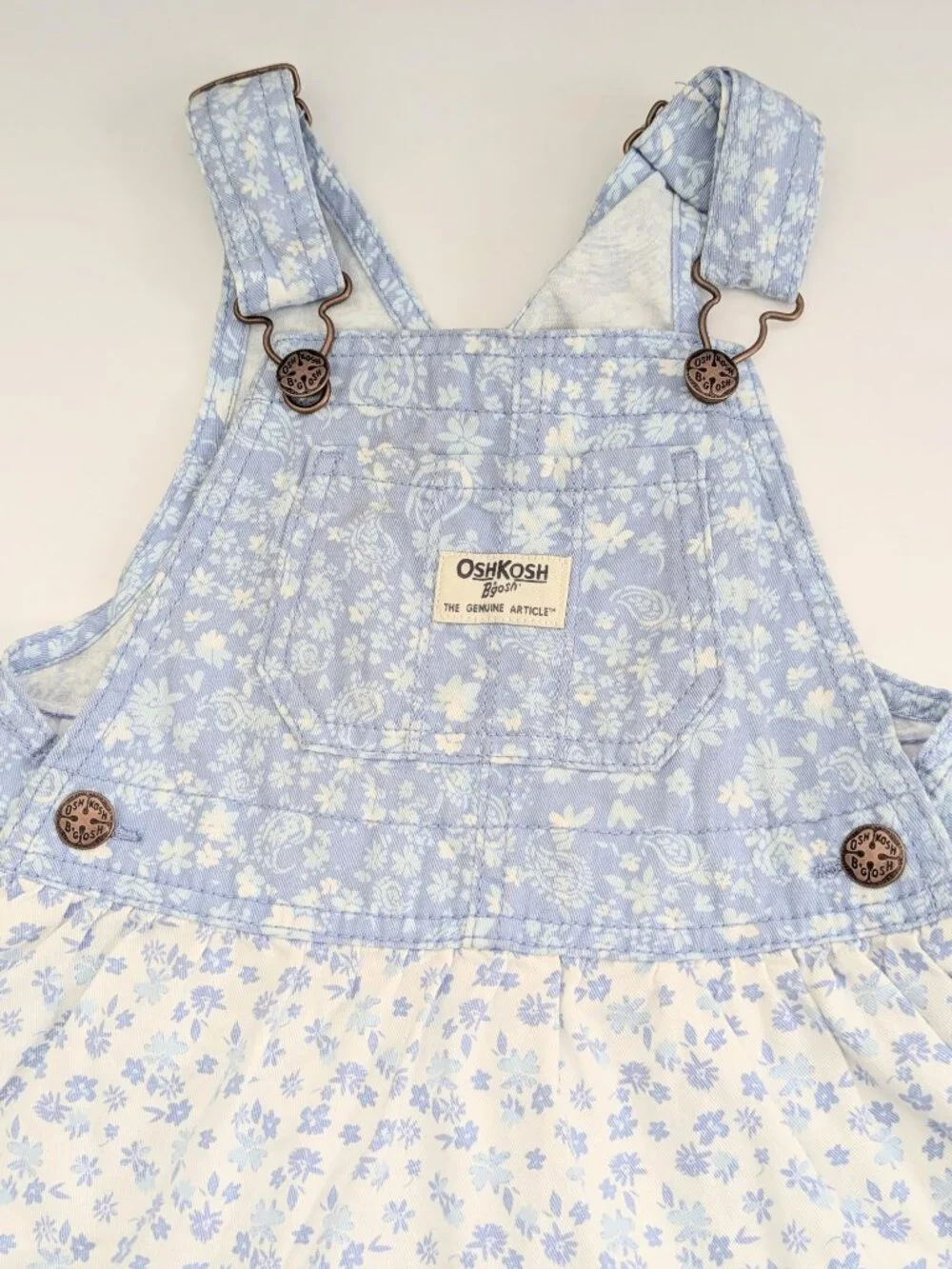 OshKosh B'gosh Girls (Size 3) Blue & White Floral Tiered Bib/Overall-Style Dress